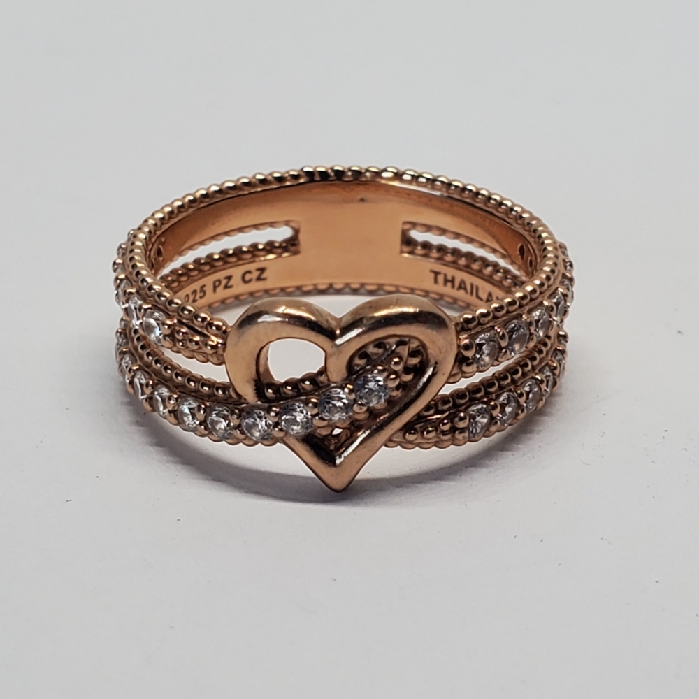 Rose Gold Sterling Silver Heart CZ Crossover Ring